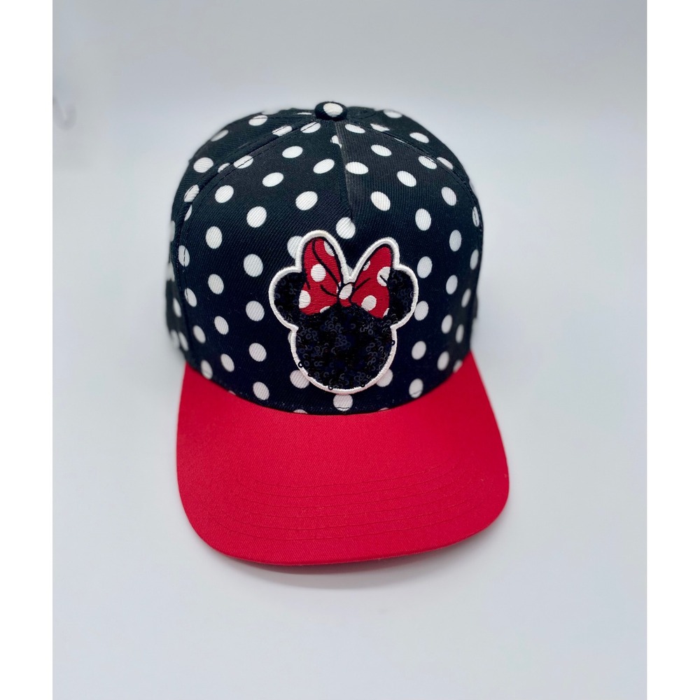 Disney‎ Minnie Mouse Polka Dot Snapback Hat Black Red Flat Brim Sequin Patch Cap